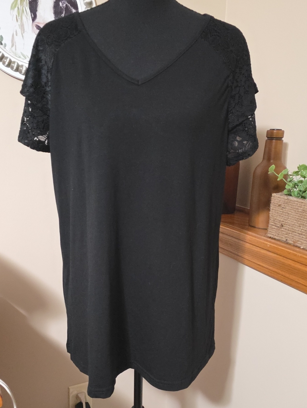 Women's Black V-Neck Top with Lace Short Sleeves